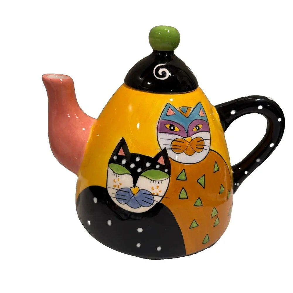Vtg Milson & Louis Hand painted Ceramic Whimsical Cat Teapot Colorful Folksy